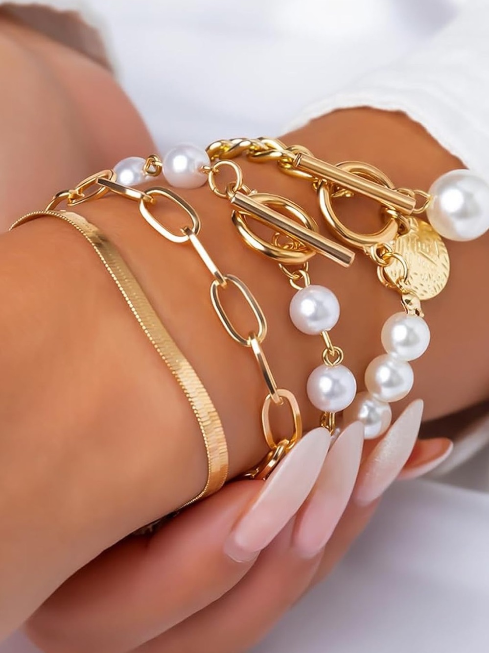 Anthropologie Gold and White Pearl Layered Bracelet Set